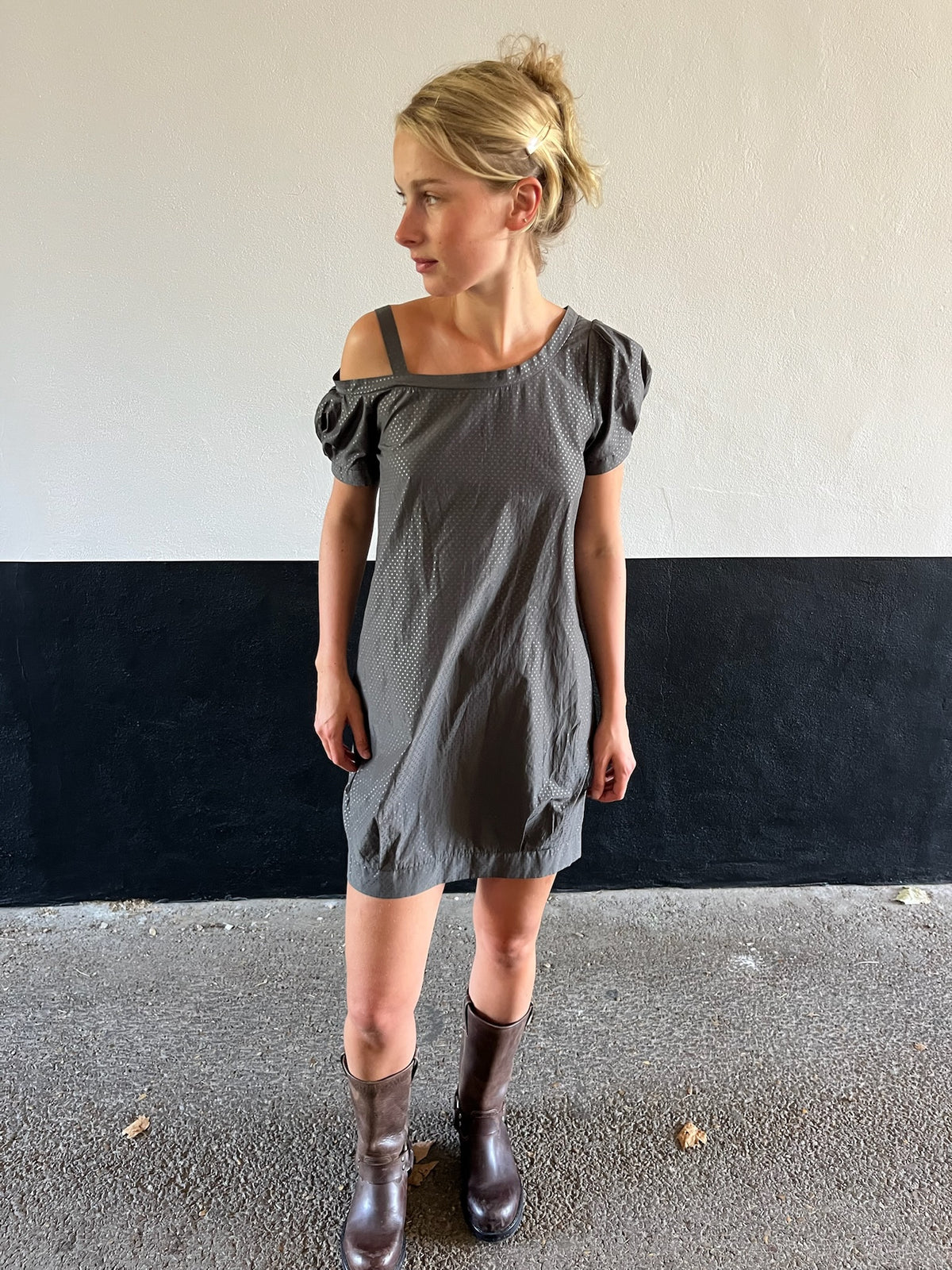 Cop Copine Grey One Shoulder Polka Dot Dress