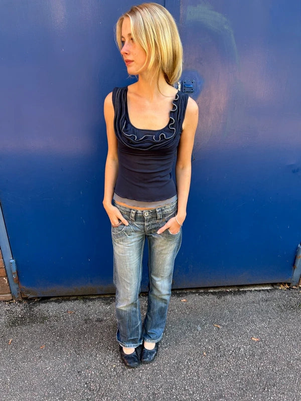 Navy blue ruffled pearl textured 90s top