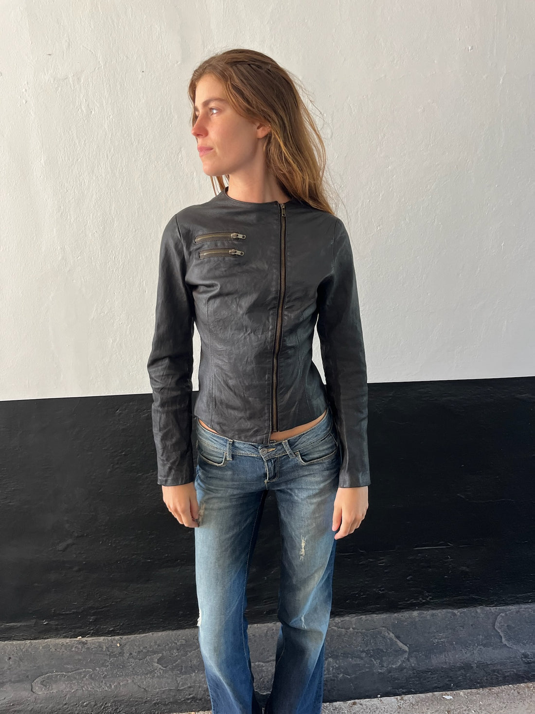 90s French black asymmetrical zip leather jacket