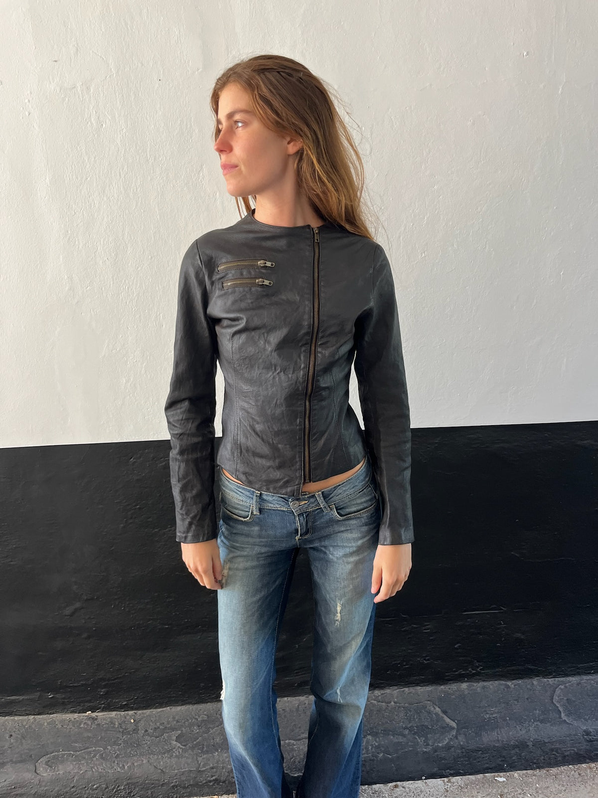 90s French black asymmetrical zip leather jacket