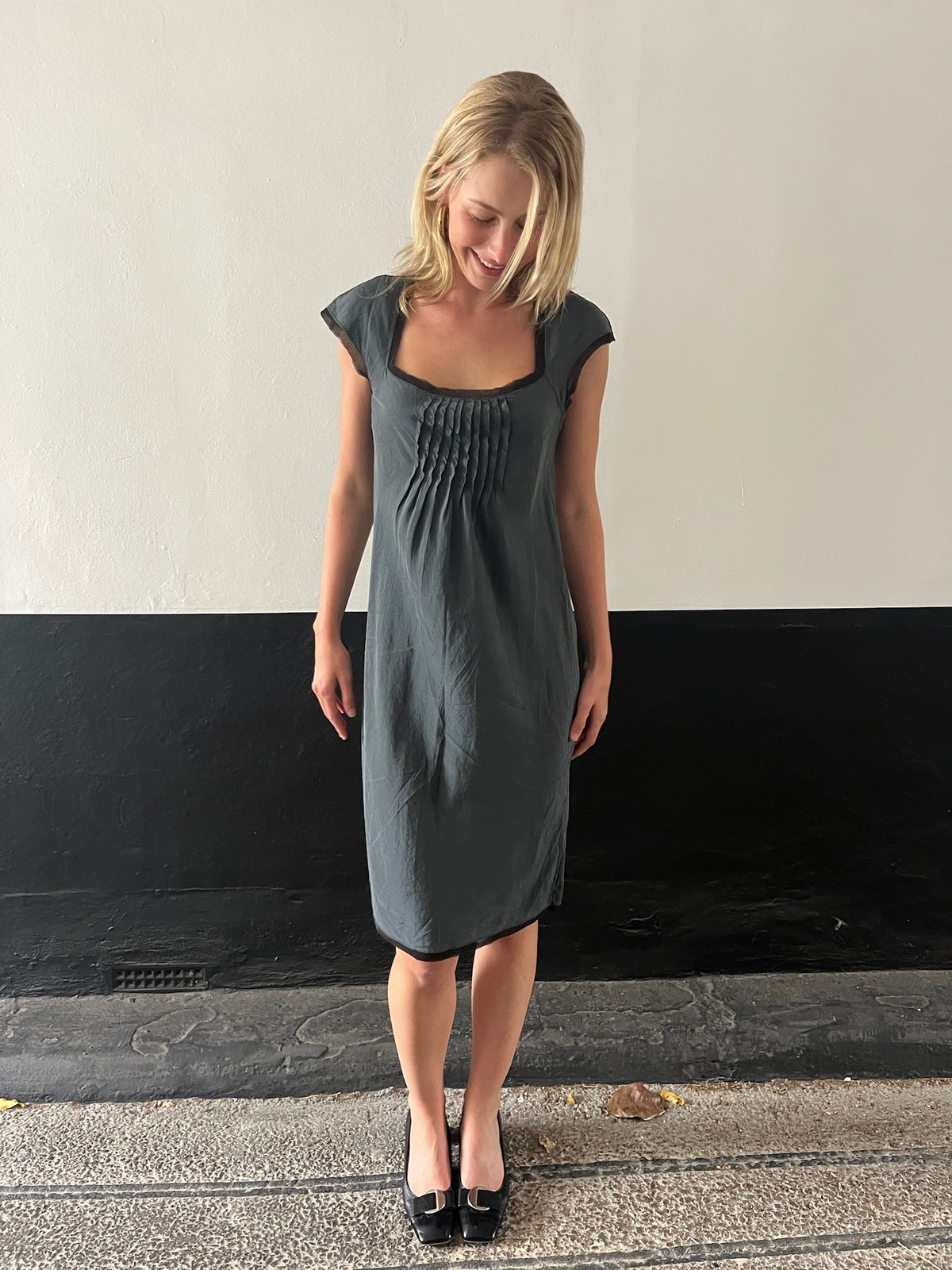Silk Teal Dress Black Trim