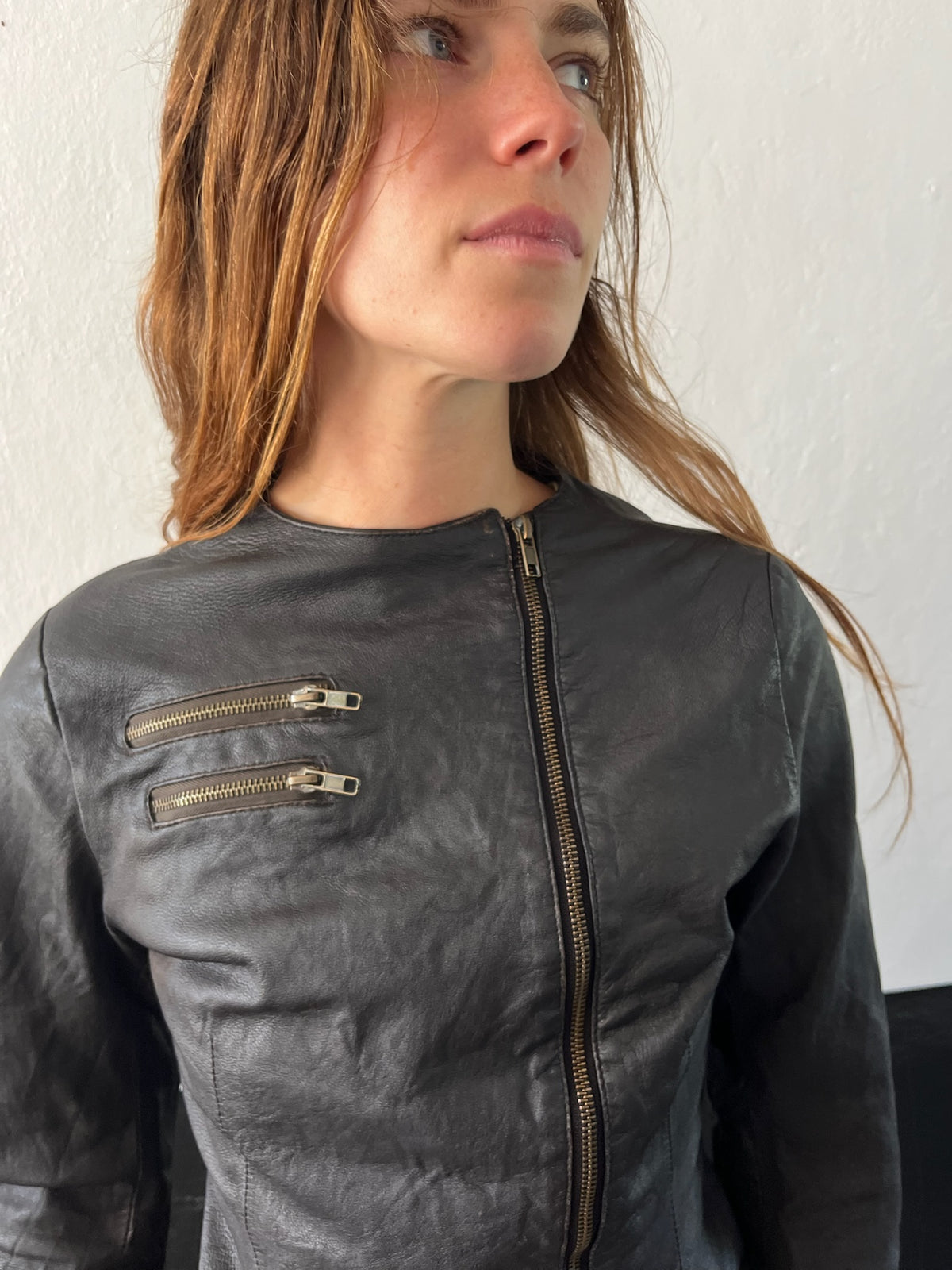 90s French black asymmetrical zip leather jacket