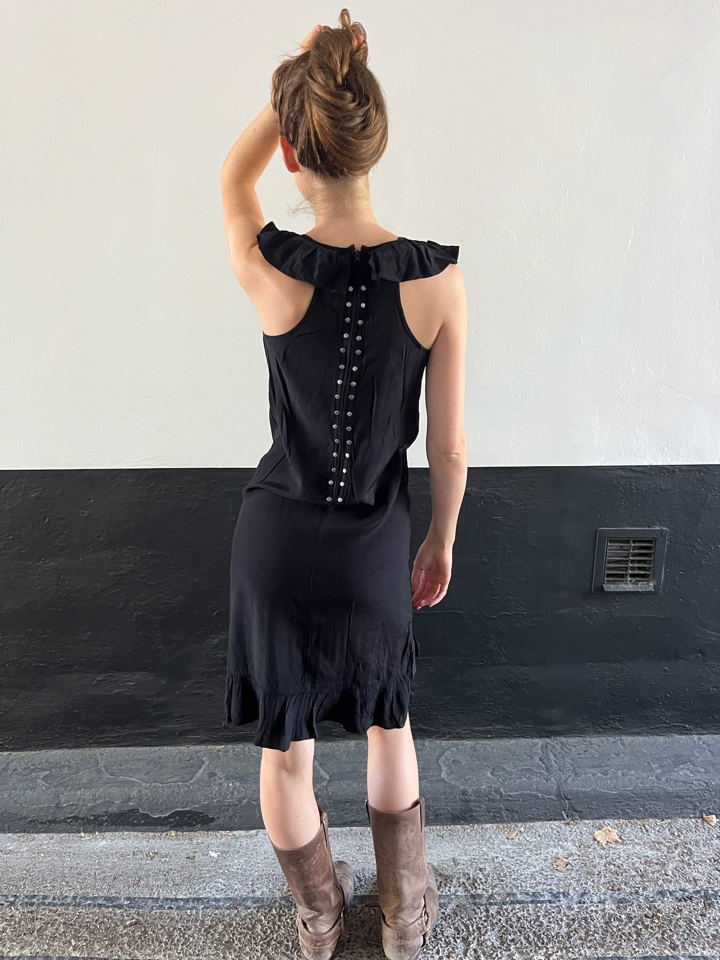 90s Black Ruffle Dress with Studded Back Detail