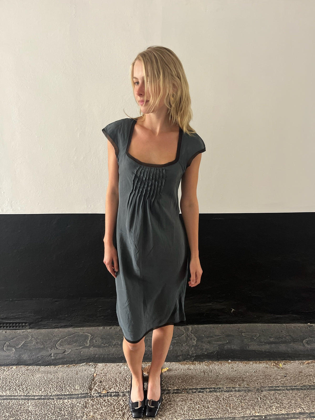 Silk Teal Dress Black Trim