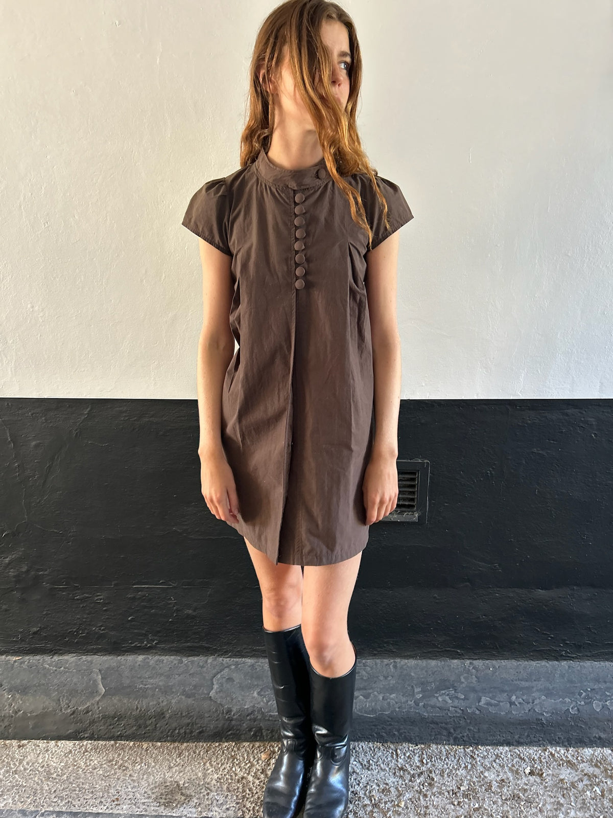90s French Brown Cap Sleeve Dress