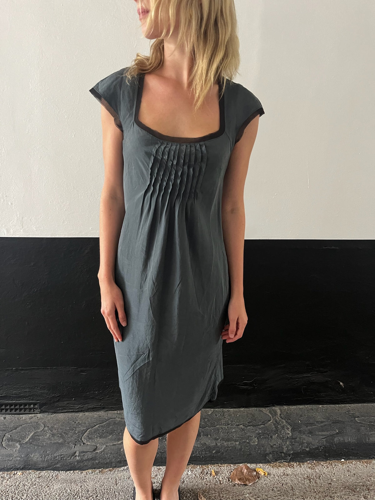 Silk Teal Dress Black Trim