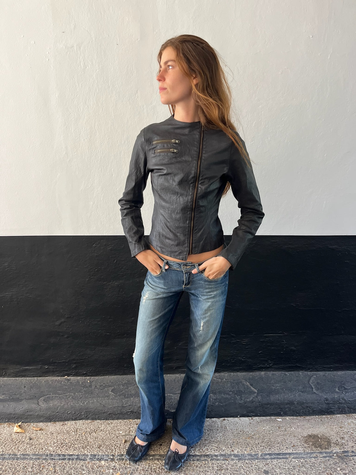 90s French black asymmetrical zip leather jacket