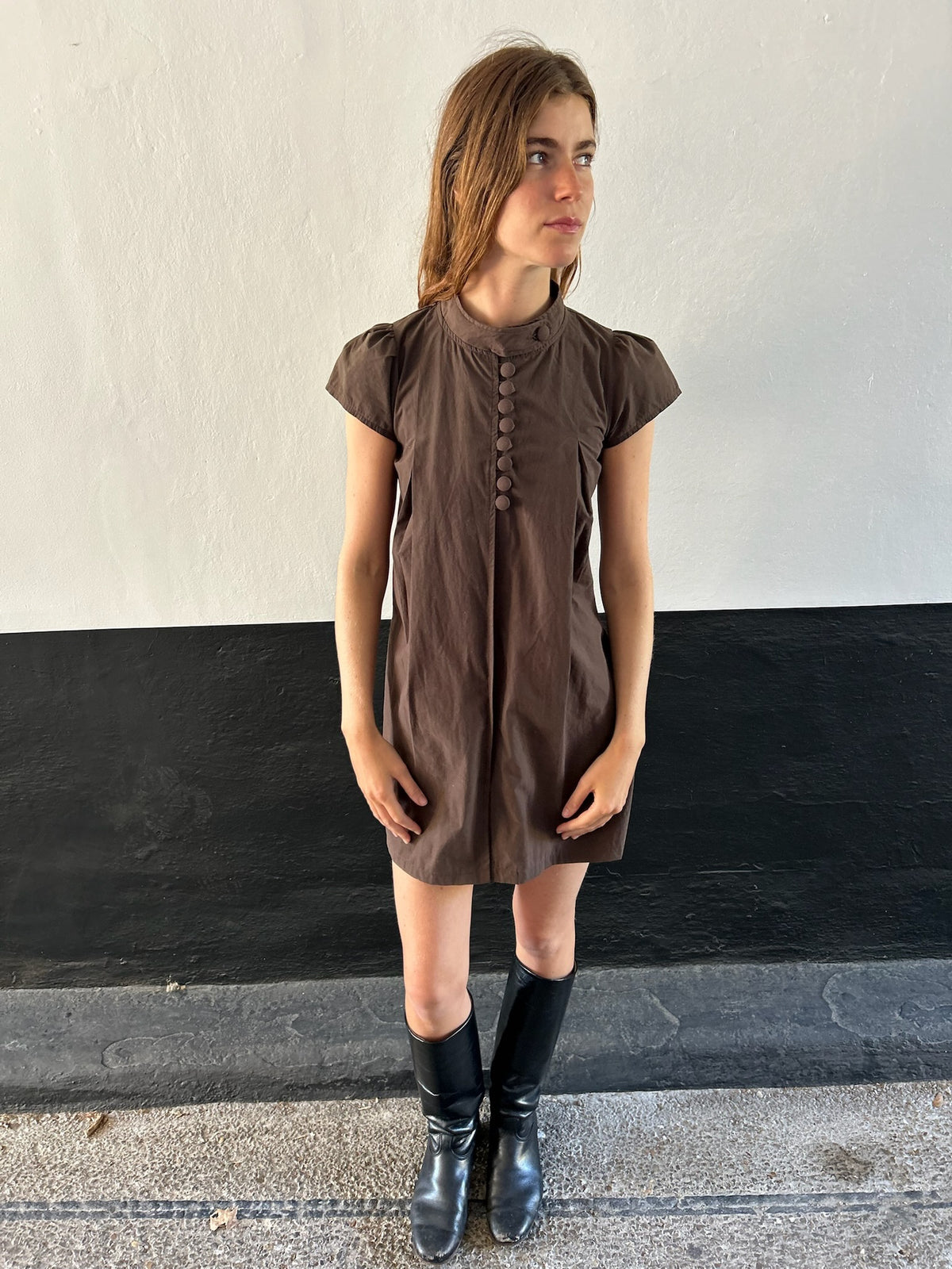 90s French Brown Cap Sleeve Dress
