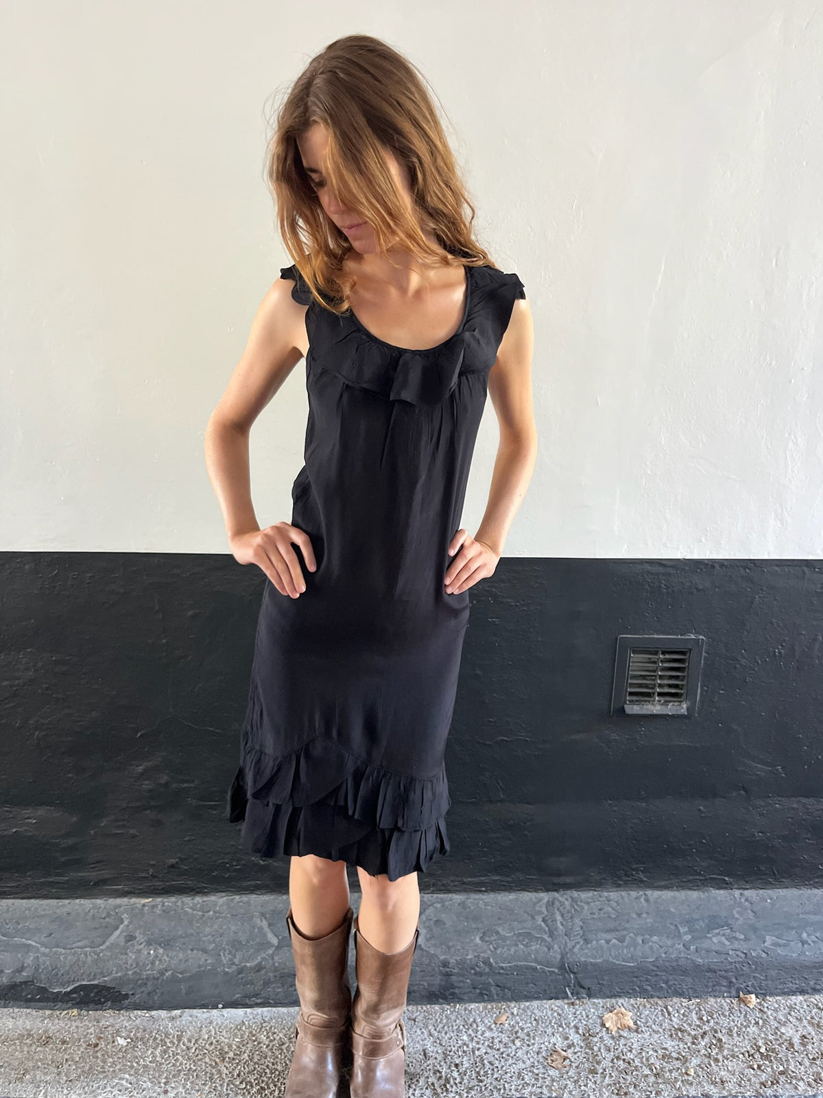 90s Black Ruffle Dress with Studded Back Detail