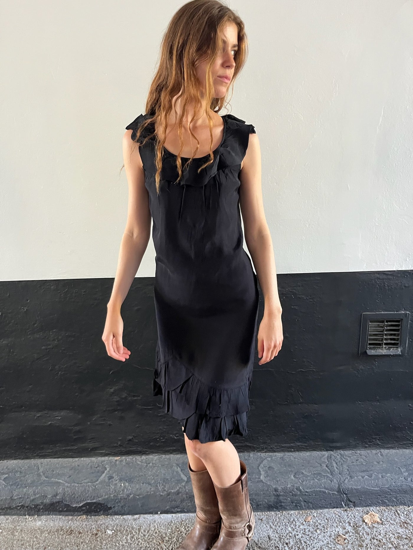 90s Black Ruffle Dress with Studded Back Detail