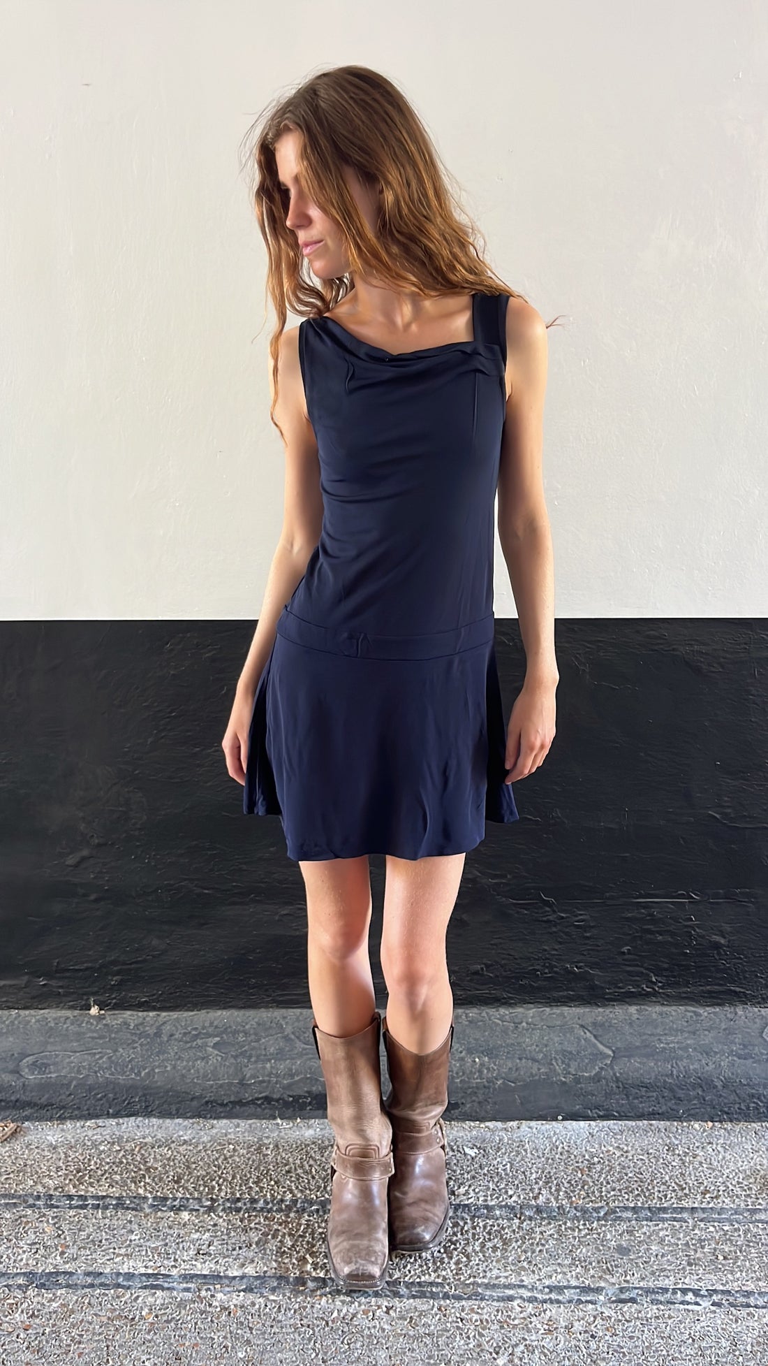 Vintage French 90s Navy Asymmetrical Dress