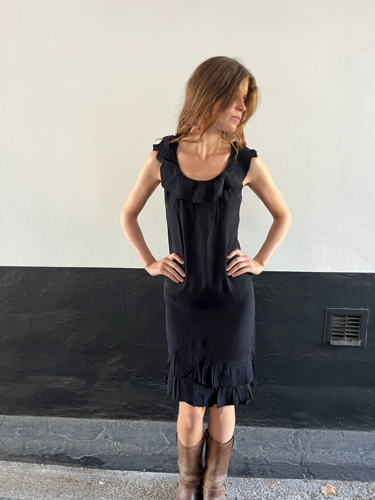 90s Black Ruffle Dress with Studded Back Detail