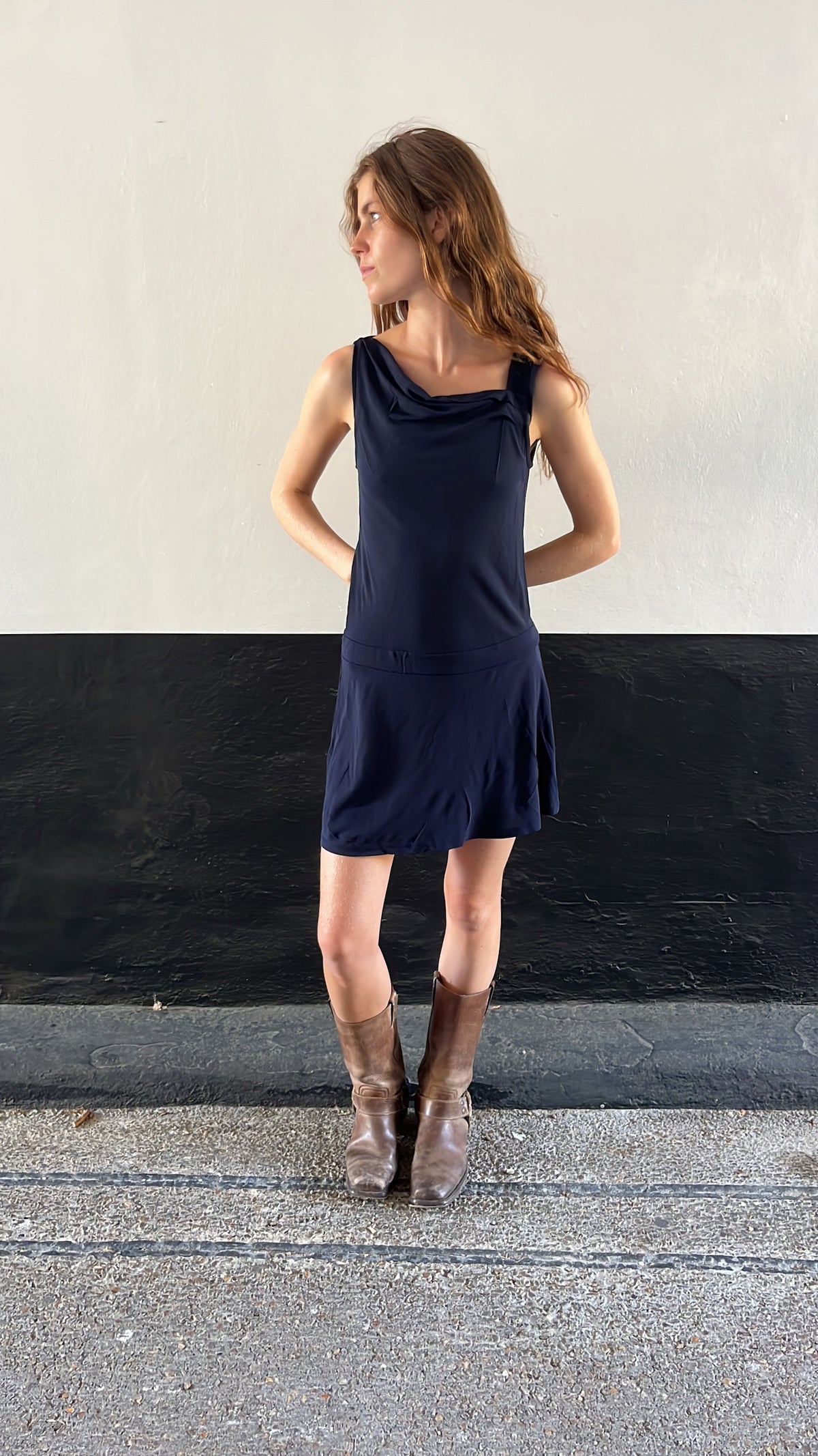 Vintage French 90s Navy Asymmetrical Dress