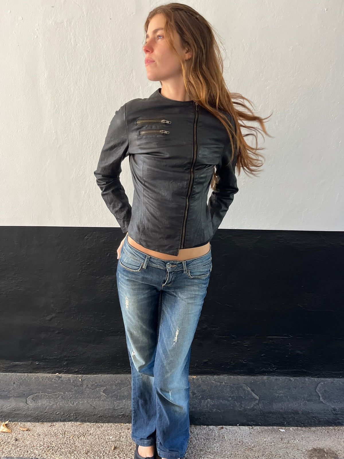 90s French black asymmetrical zip leather jacket