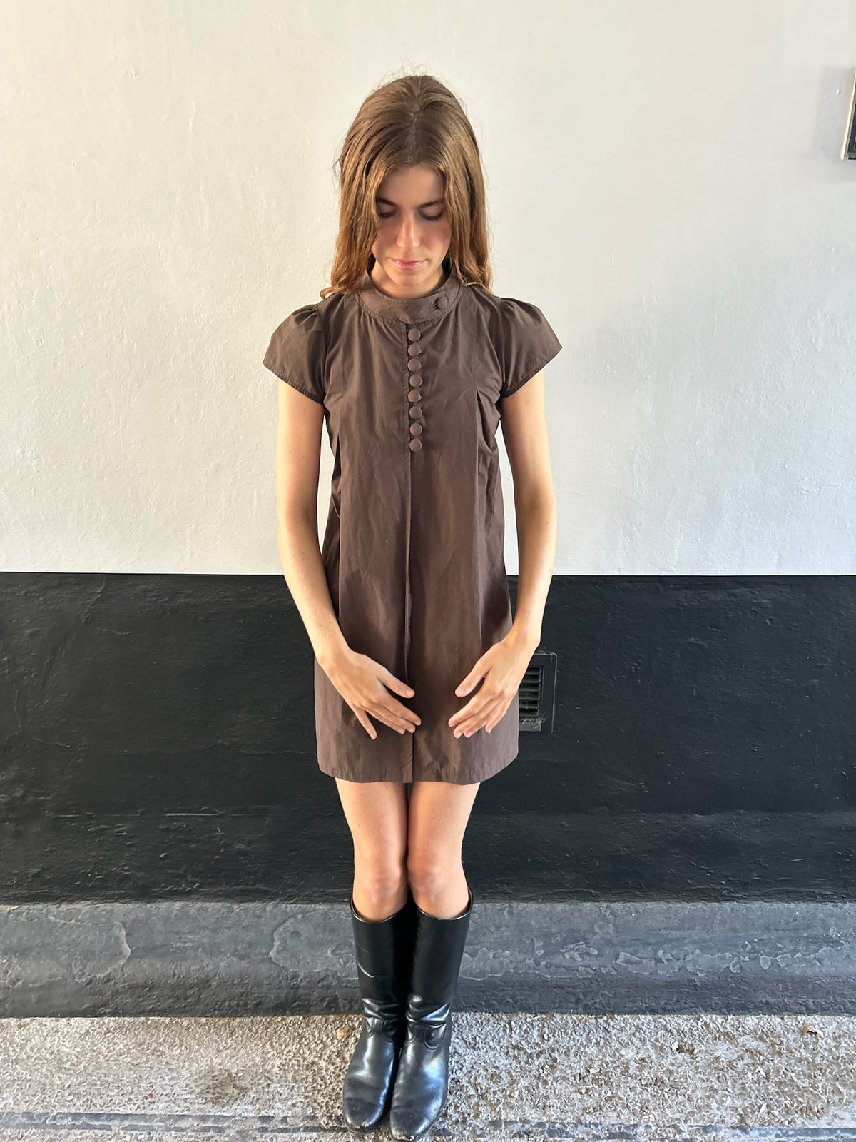 90s French Brown Cap Sleeve Dress