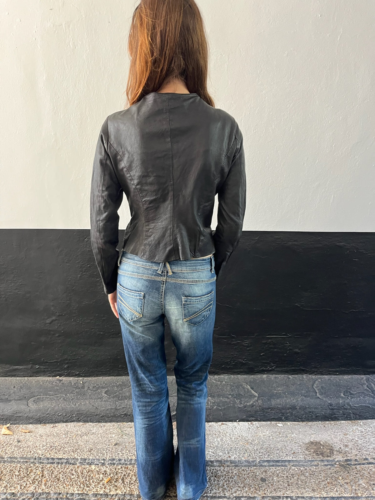 90s French black asymmetrical zip leather jacket