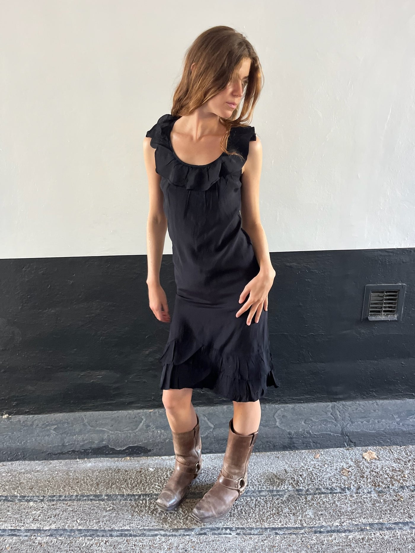 90s Black Ruffle Dress with Studded Back Detail