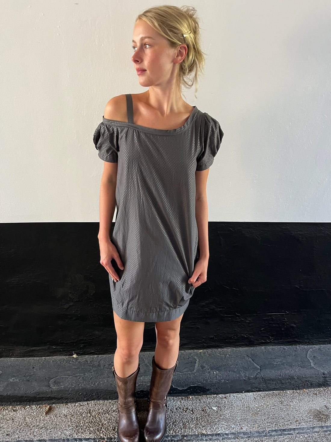 Cop Copine Grey One Shoulder Polka Dot Dress