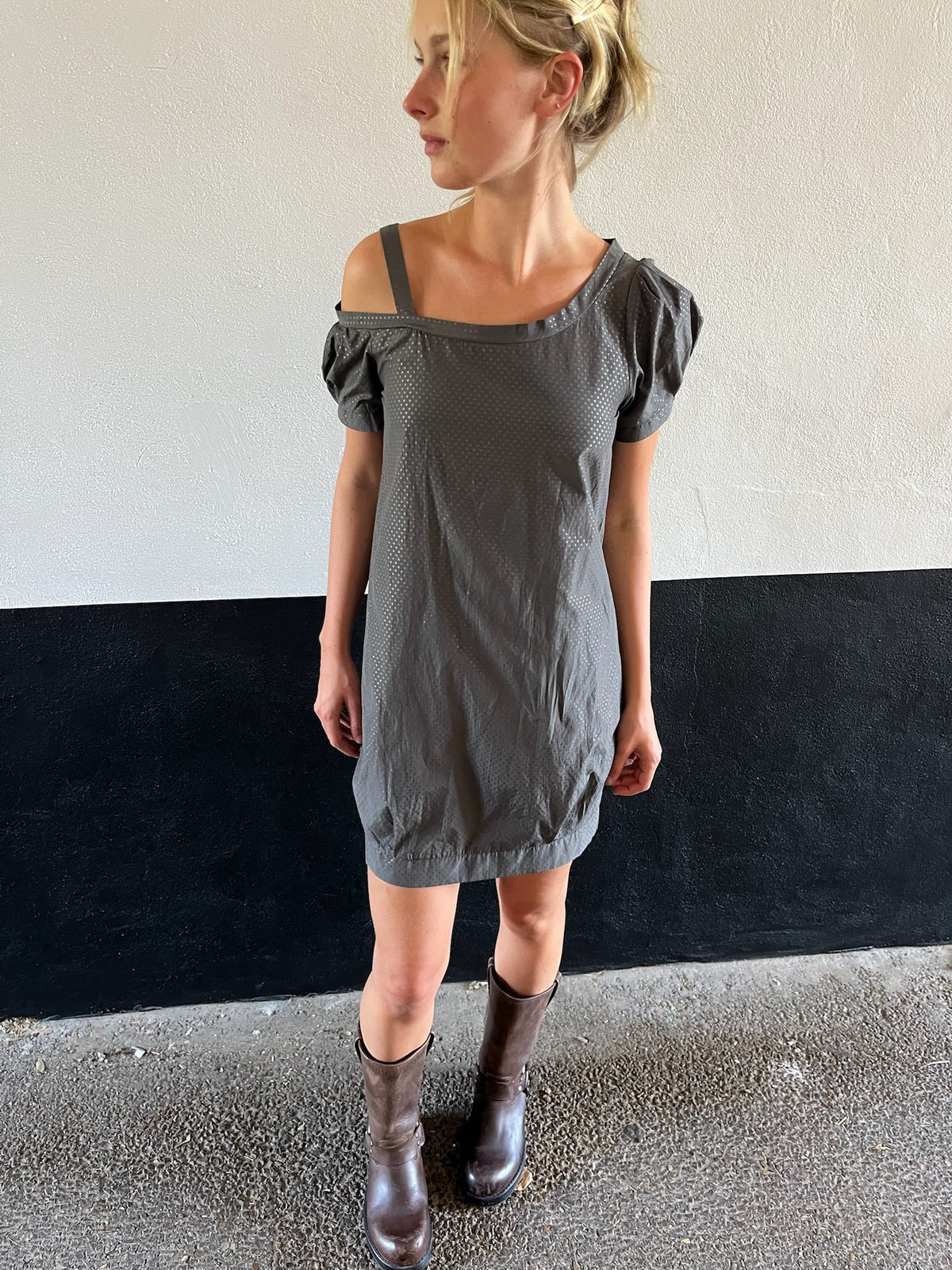 Cop Copine Grey One Shoulder Polka Dot Dress
