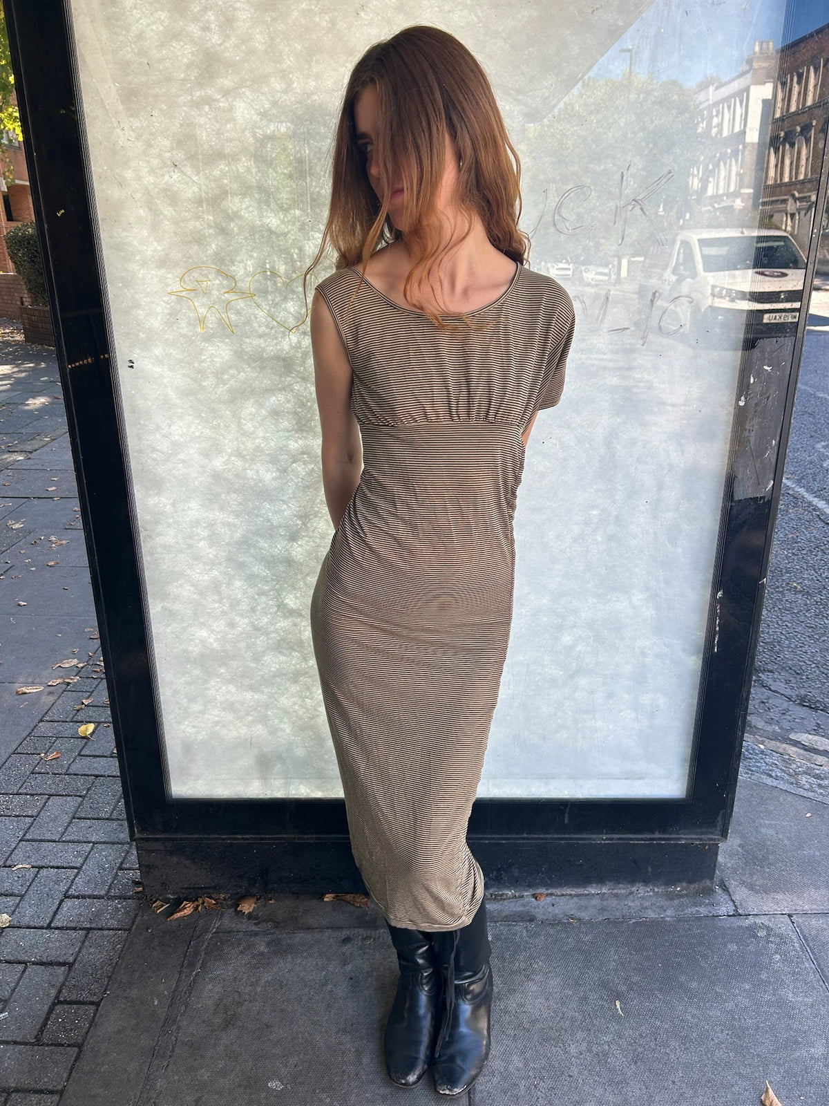 Vivienne Westwood asymmetrical striped off shoulder dress