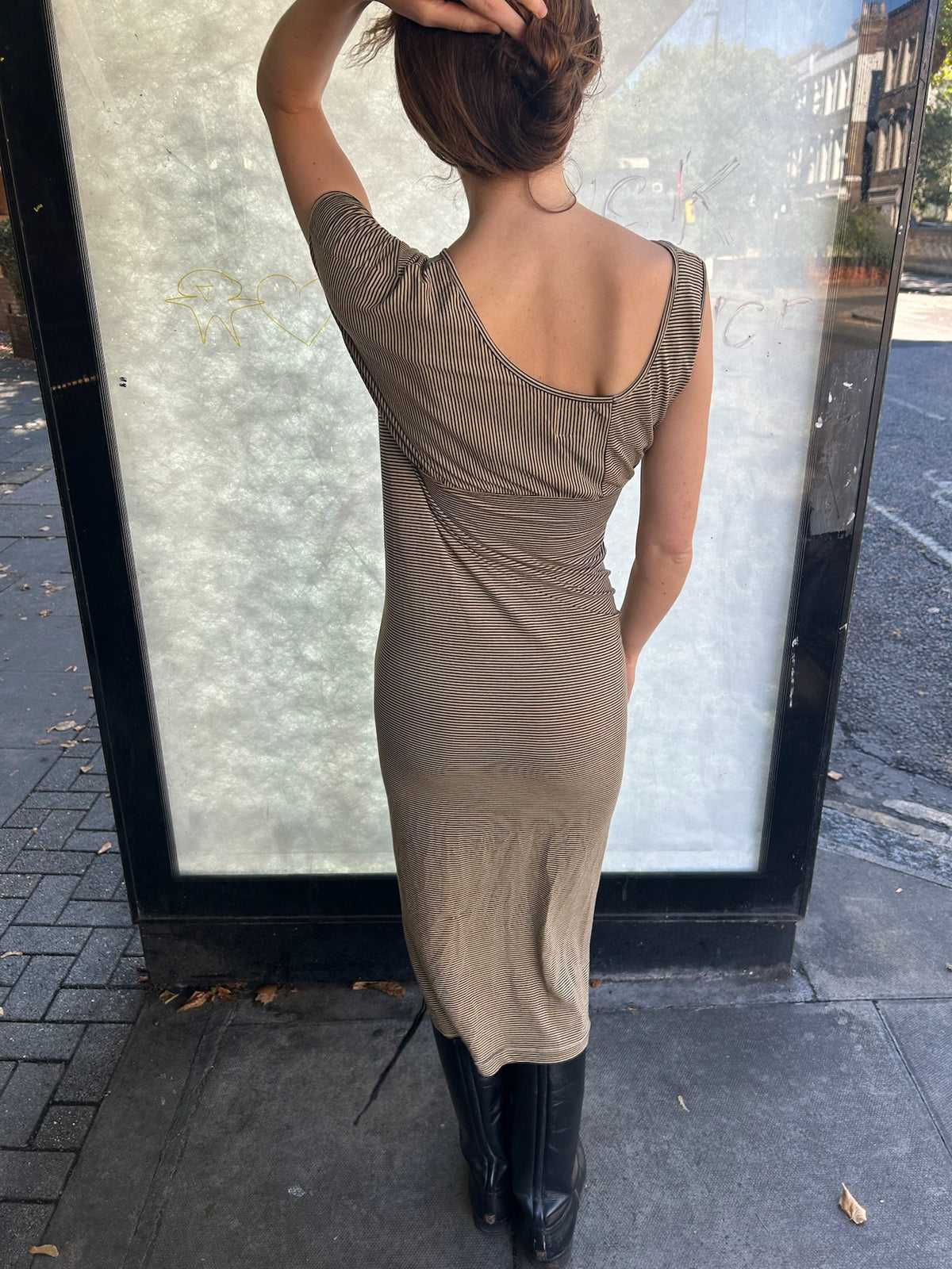 Vivienne Westwood asymmetrical striped off shoulder dress
