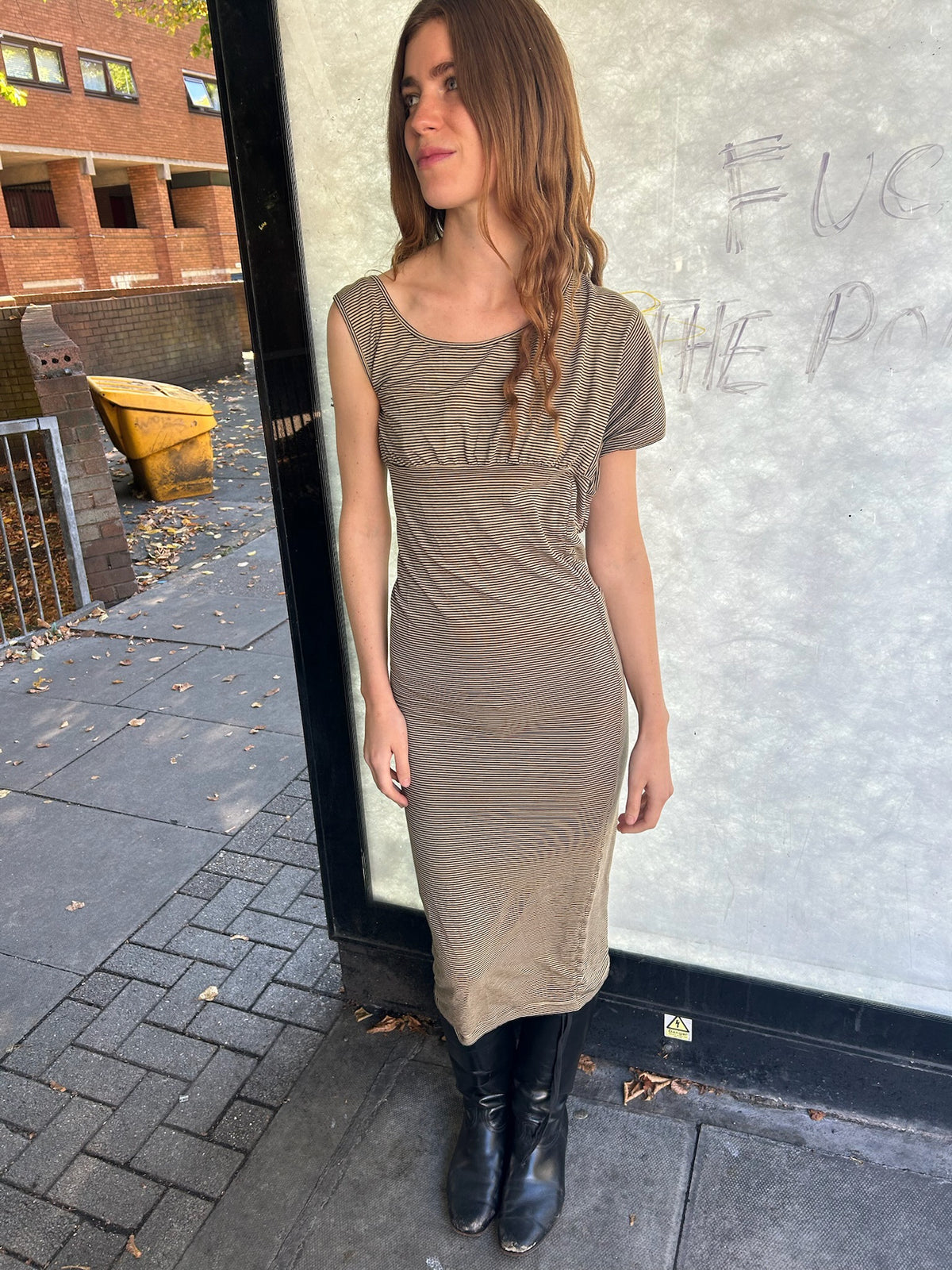 Vivienne Westwood asymmetrical striped off shoulder dress