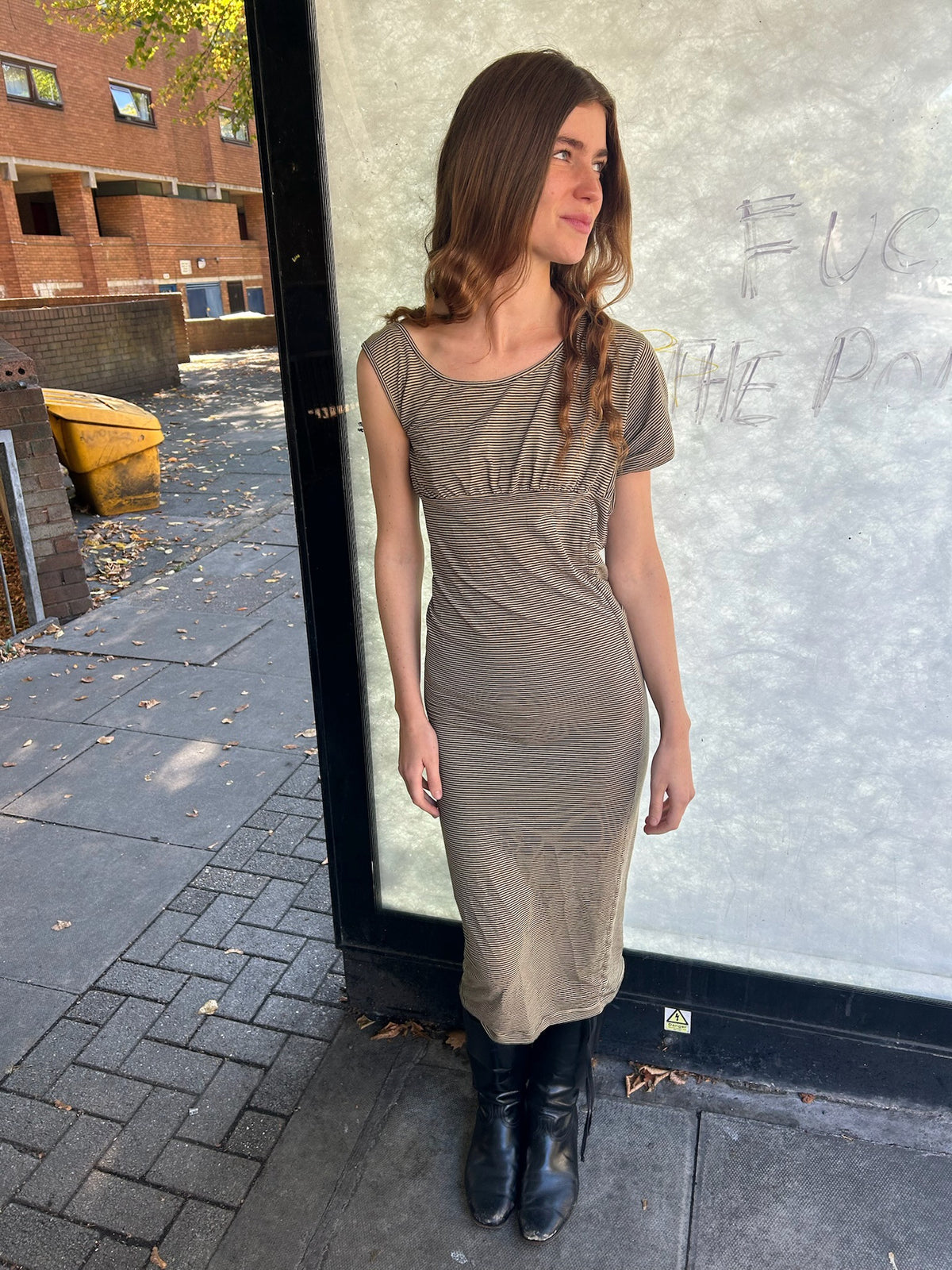 Vivienne Westwood asymmetrical striped off shoulder dress