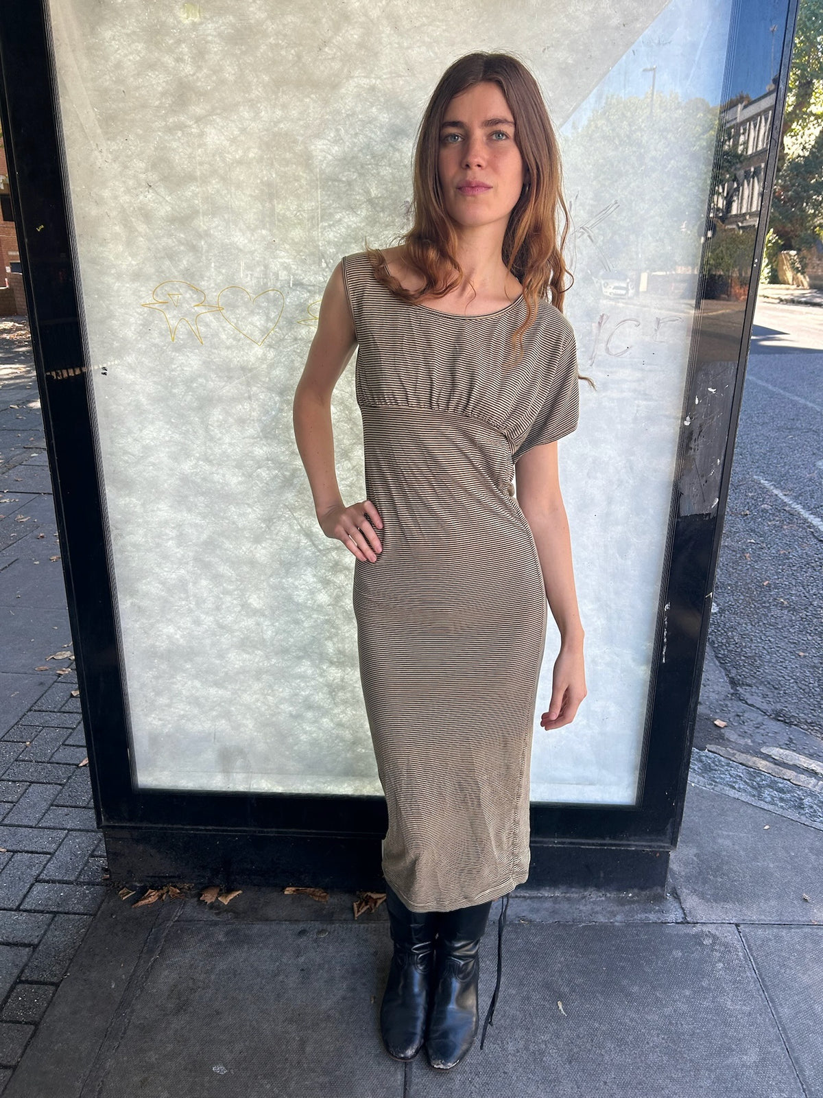 Vivienne Westwood asymmetrical striped off shoulder dress