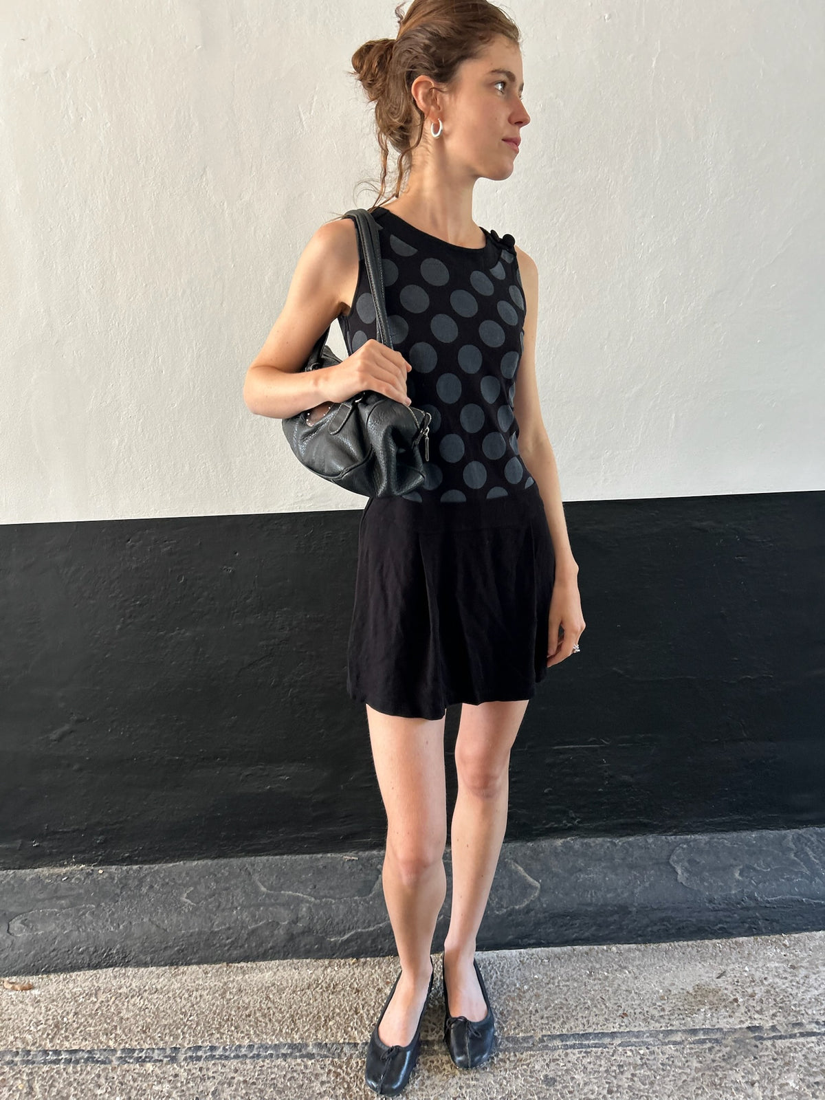 Vintage French 90s Gray & Black Spot Dress