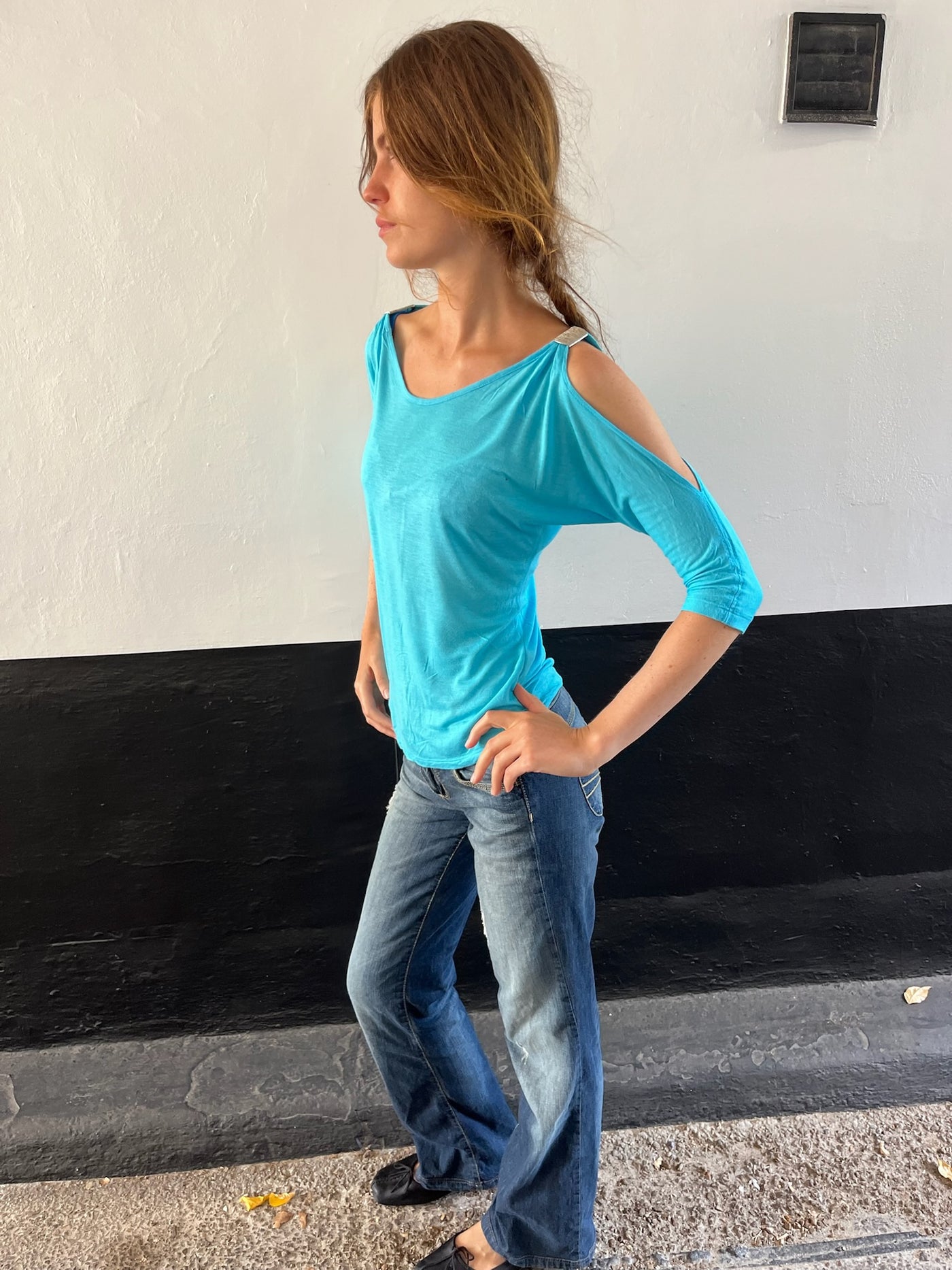 Turquoise Open Shoulder Top