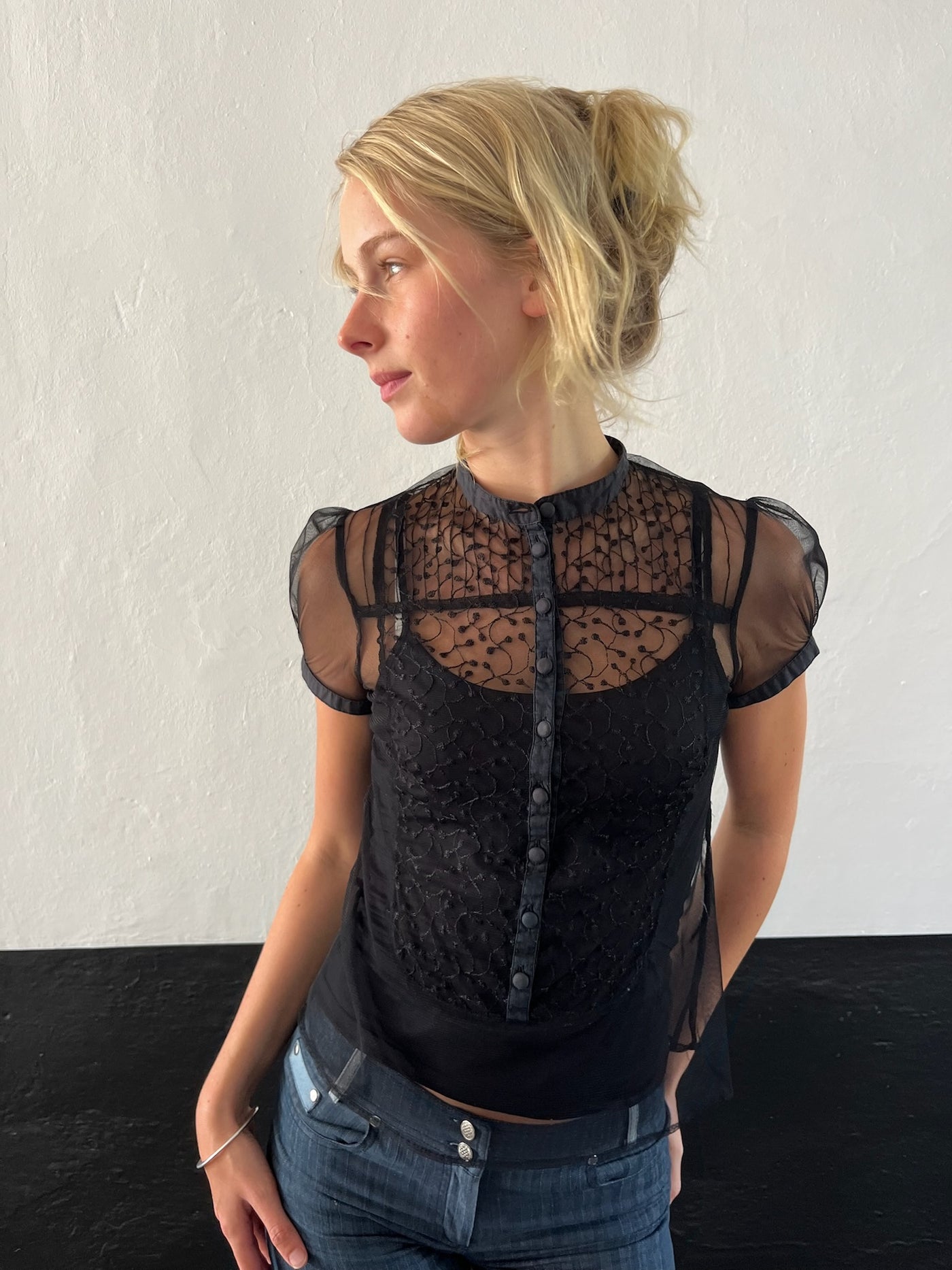 Black Sheer Top Floral Stitching