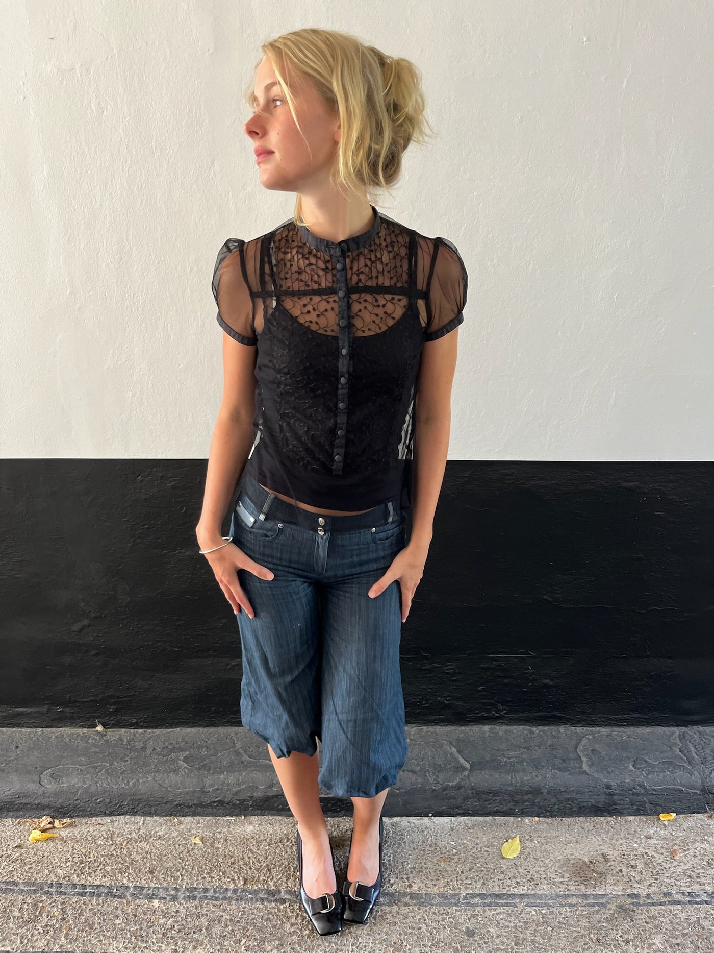 Black Sheer Top Floral Stitching