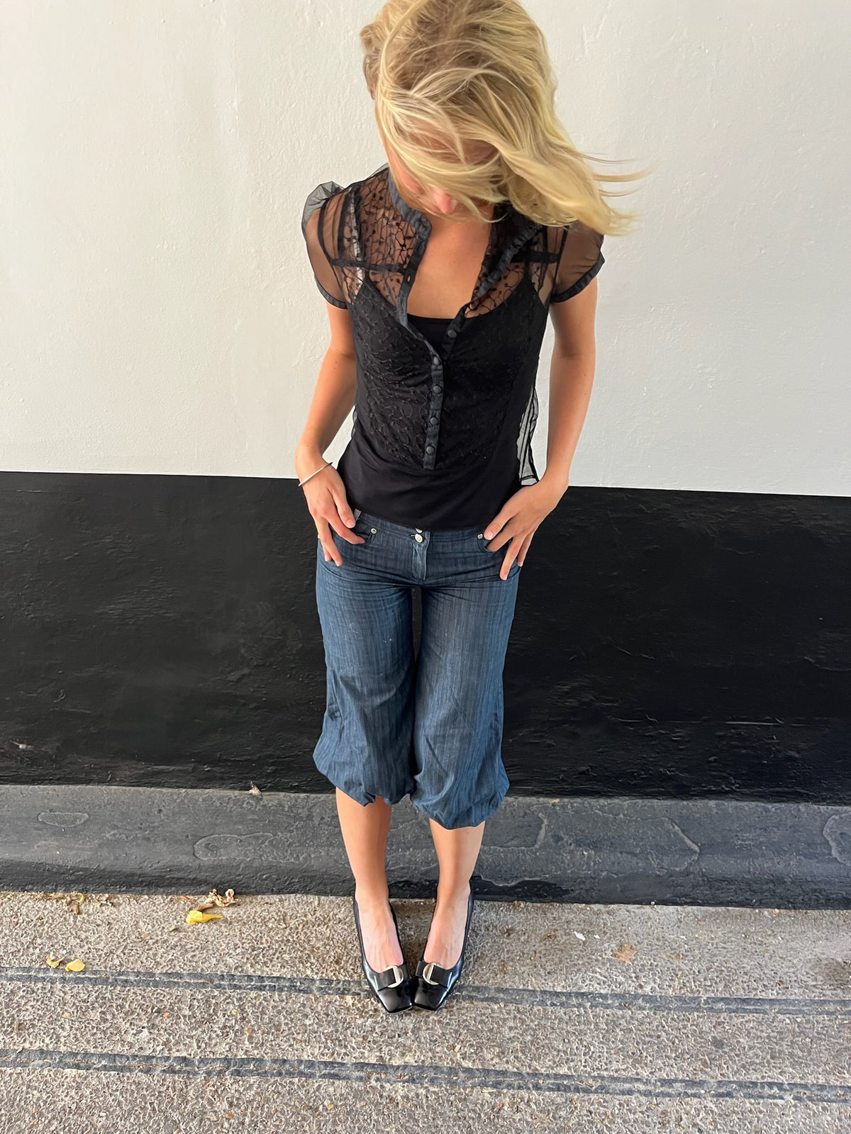 Black Sheer Top Floral Stitching