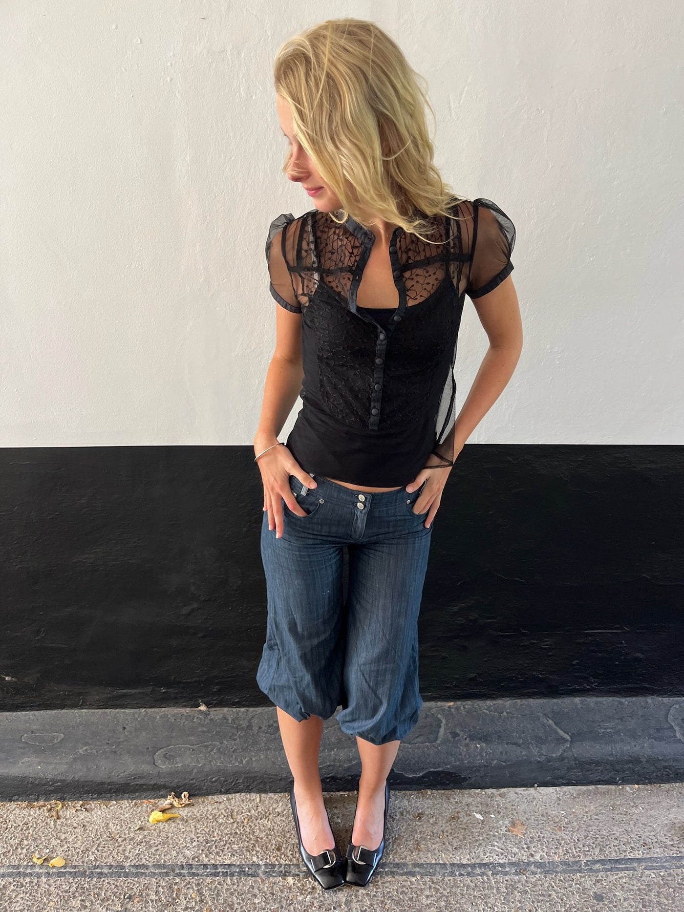 Black Sheer Top Floral Stitching