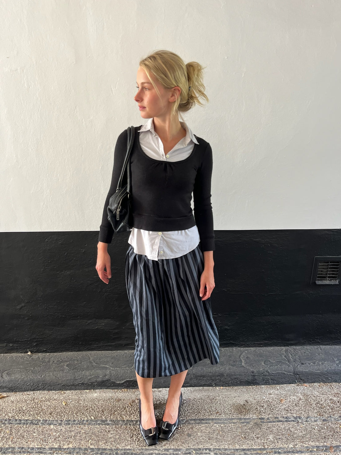 Stripe Black and Grey Midi Skirt