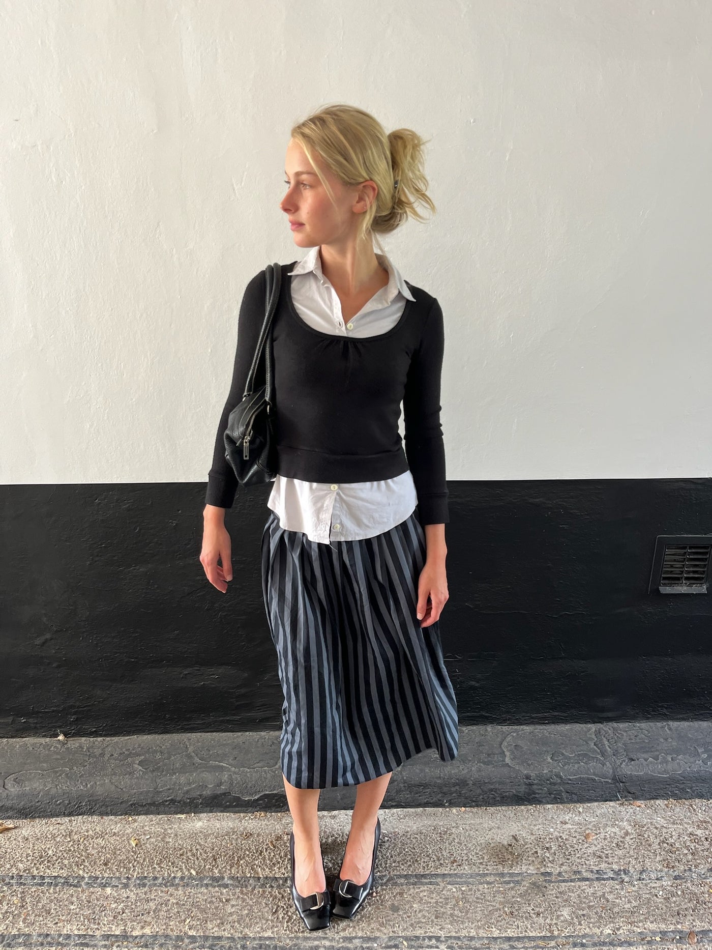 Stripe Black and Grey Midi Skirt