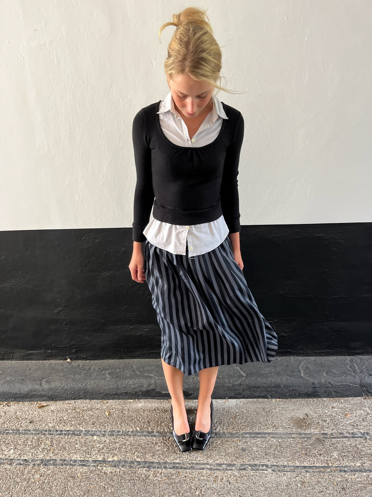 Stripe Black and Grey Midi Skirt