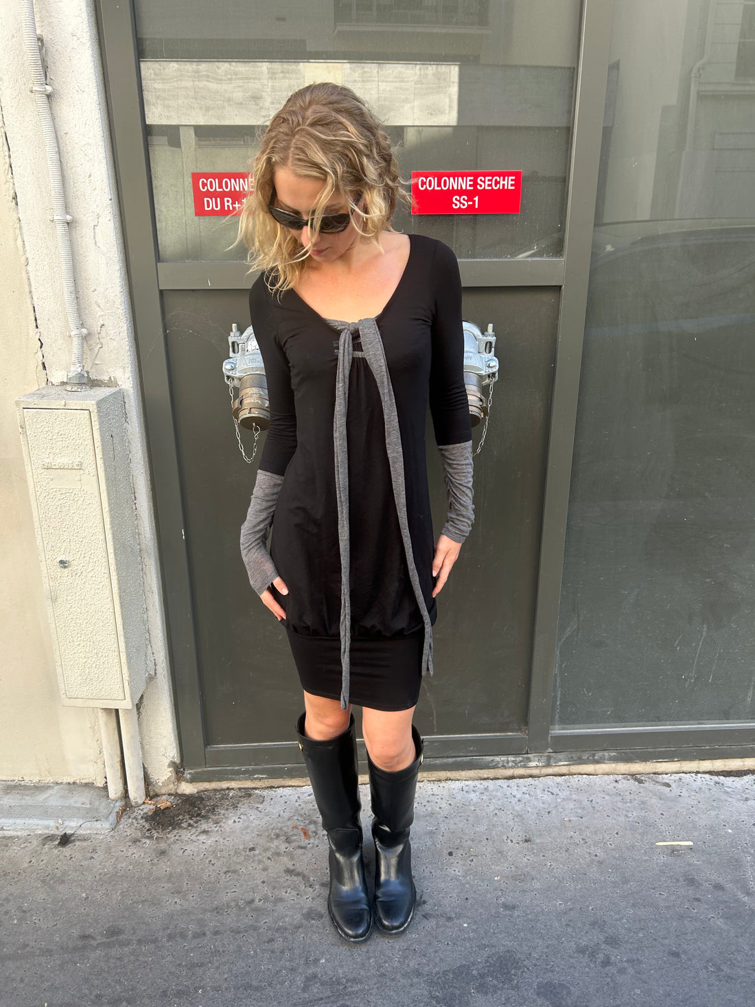 Cop Copine Long Sleeve Grey Tie Dress