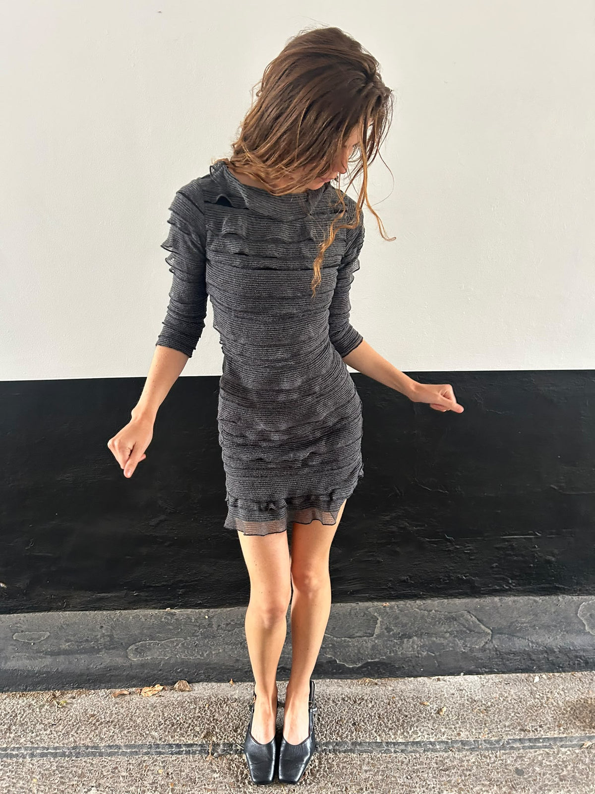 Ruffle Grey 3/4 Length Sleeve Dress