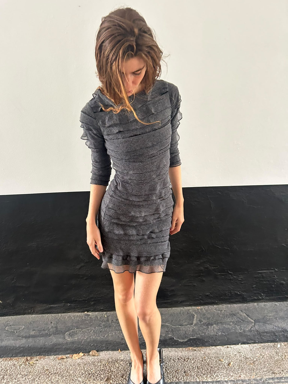 Ruffle Grey 3/4 Length Sleeve Dress