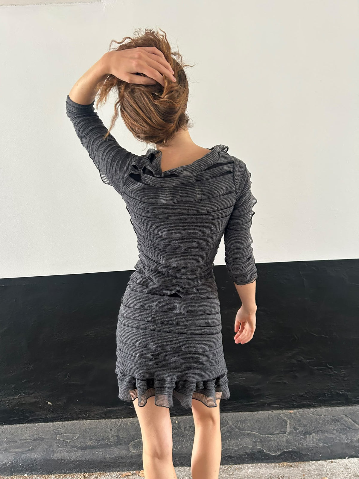 Ruffle Grey 3/4 Length Sleeve Dress
