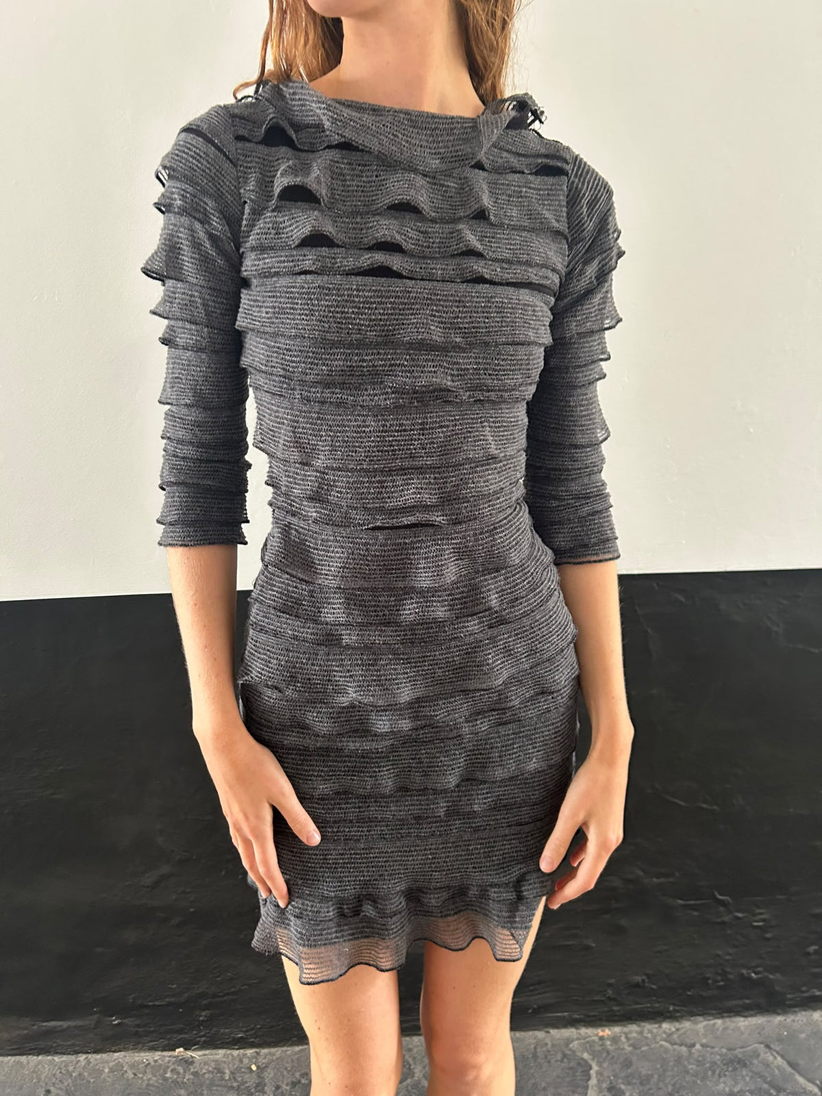 Ruffle Grey 3/4 Length Sleeve Dress