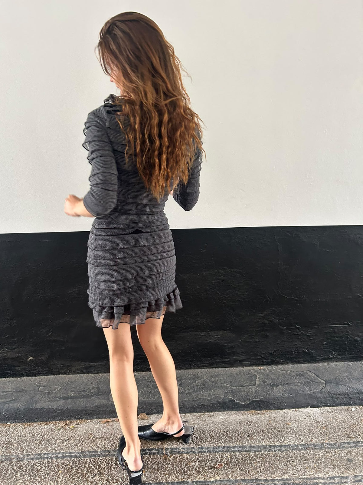 Ruffle Grey 3/4 Length Sleeve Dress