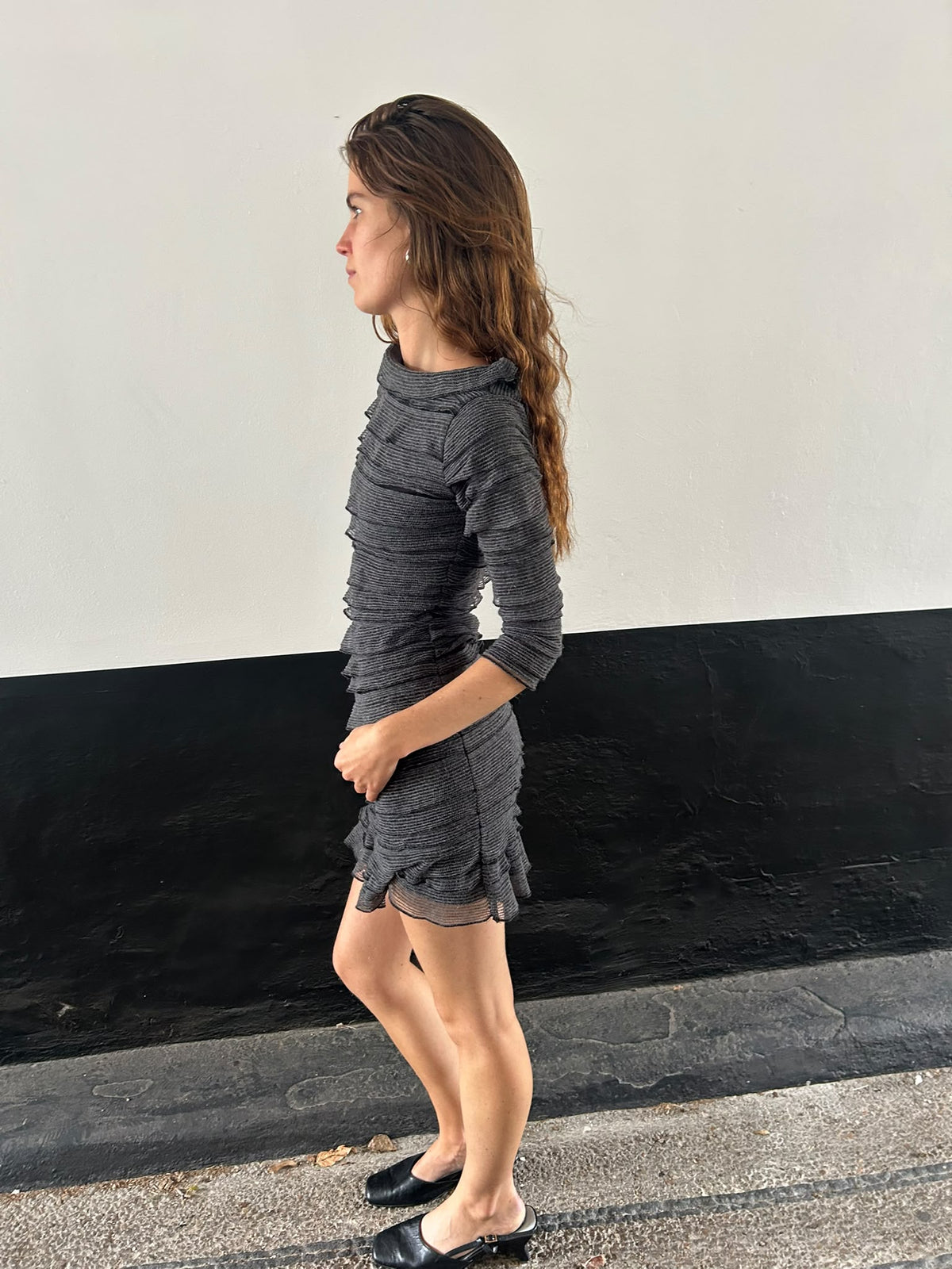 Ruffle Grey 3/4 Length Sleeve Dress